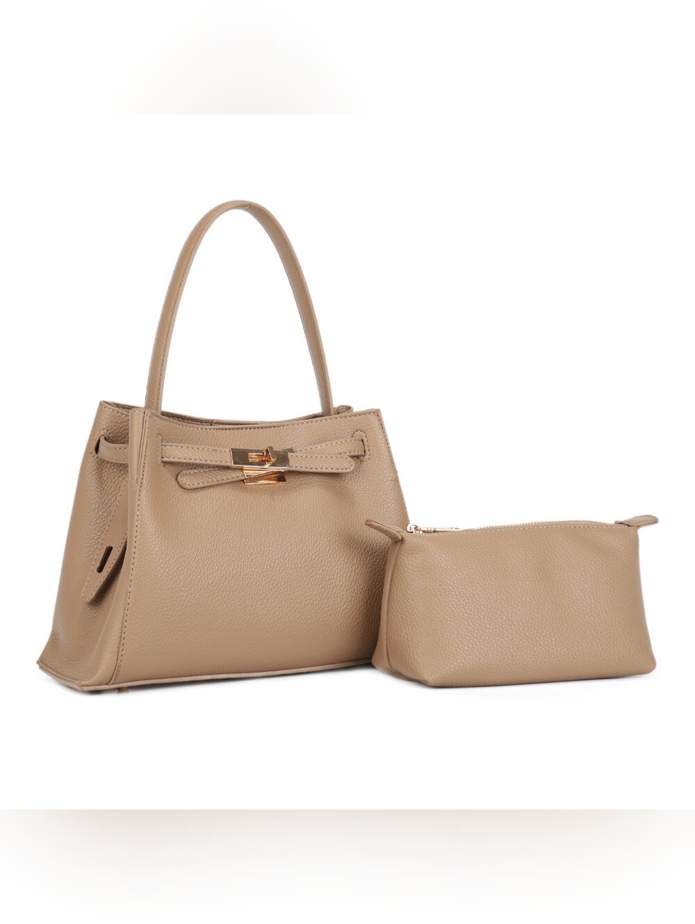 Structured Taupe Vegan Leather Tote Bag with Pouch